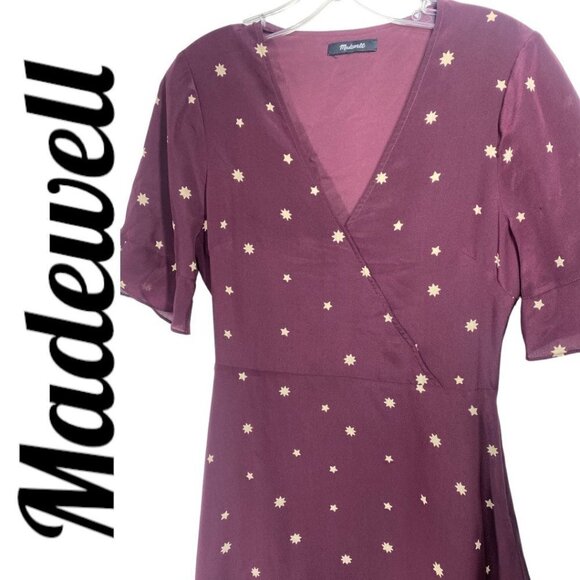 MADEWELL 100% Silk Burgundy Star Print Flutter Hem Faux Wrap Mini Dress, Small - Picture 5 of 13